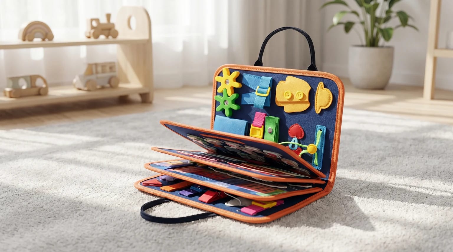 A blue and orange felt busy board stands open on a fluffy grey carpet in a child's playroom, showing pages with colourful sensory activities like buckles and buttons.