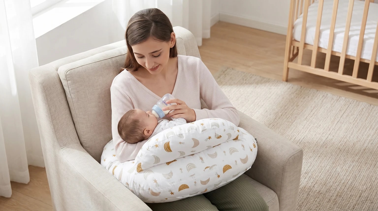 A mother sits in an armchair, bottle-feeding her baby who is comfortably supported by a nursing pillow with a moon and star pattern.