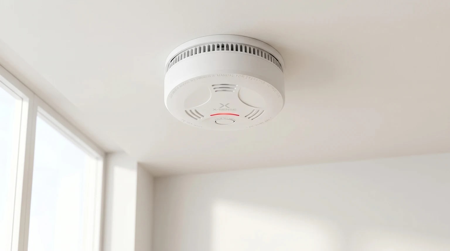 Detector de fumo X-Sense branco instalado no teto de uma divisão luminosa e arejada de uma casa.