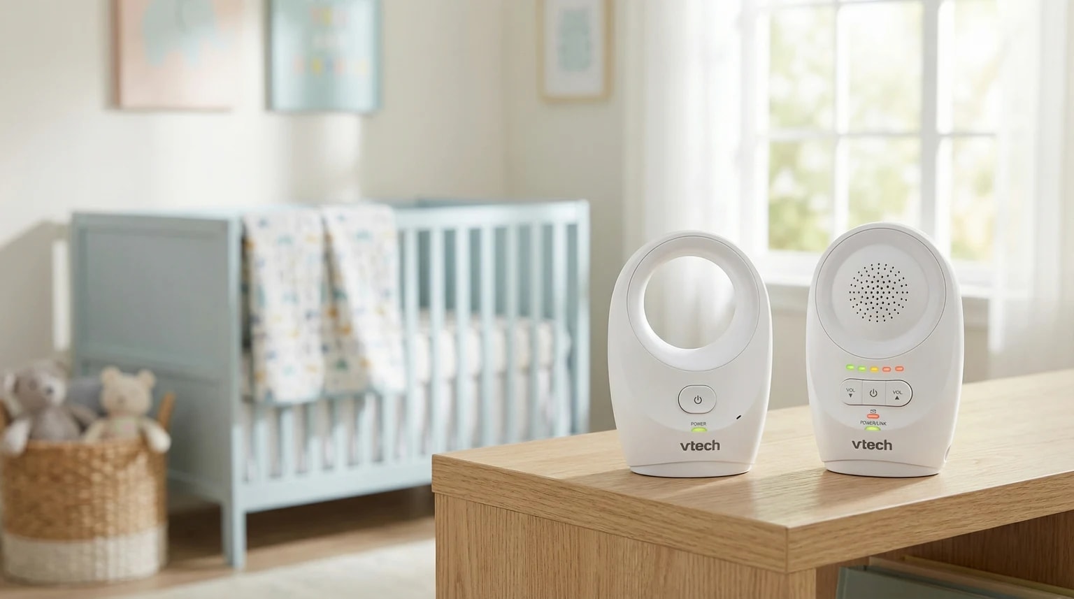 O intercomunicador de áudio VTech DM1111, com a unidade do bebé e a unidade dos pais, pousado numa prateleira de madeira clara num quarto de bebé sereno e bem iluminado.