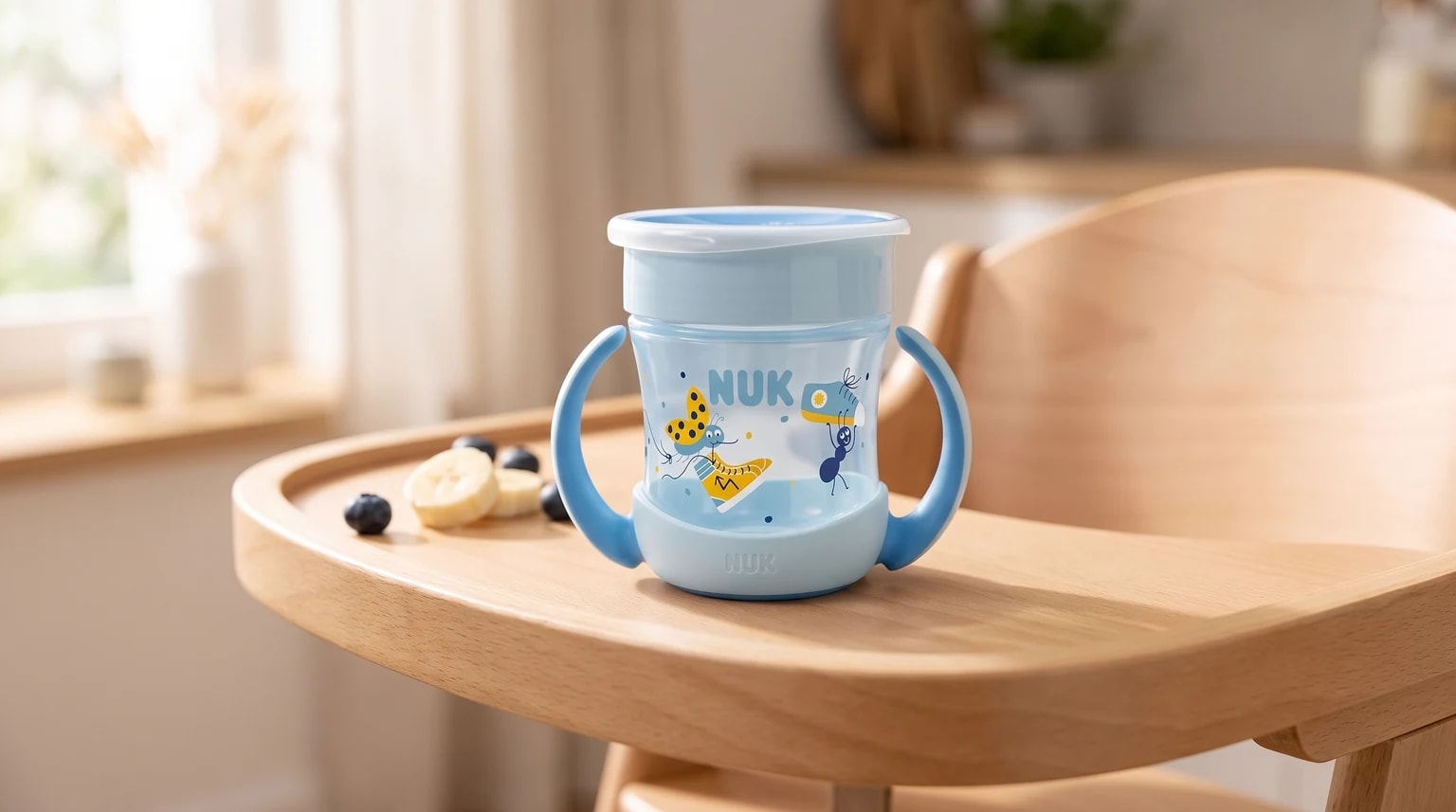 NUK Mini Magic Cup azul com desenhos de insetos sobre uma bandeja de madeira, ao lado de frutas.