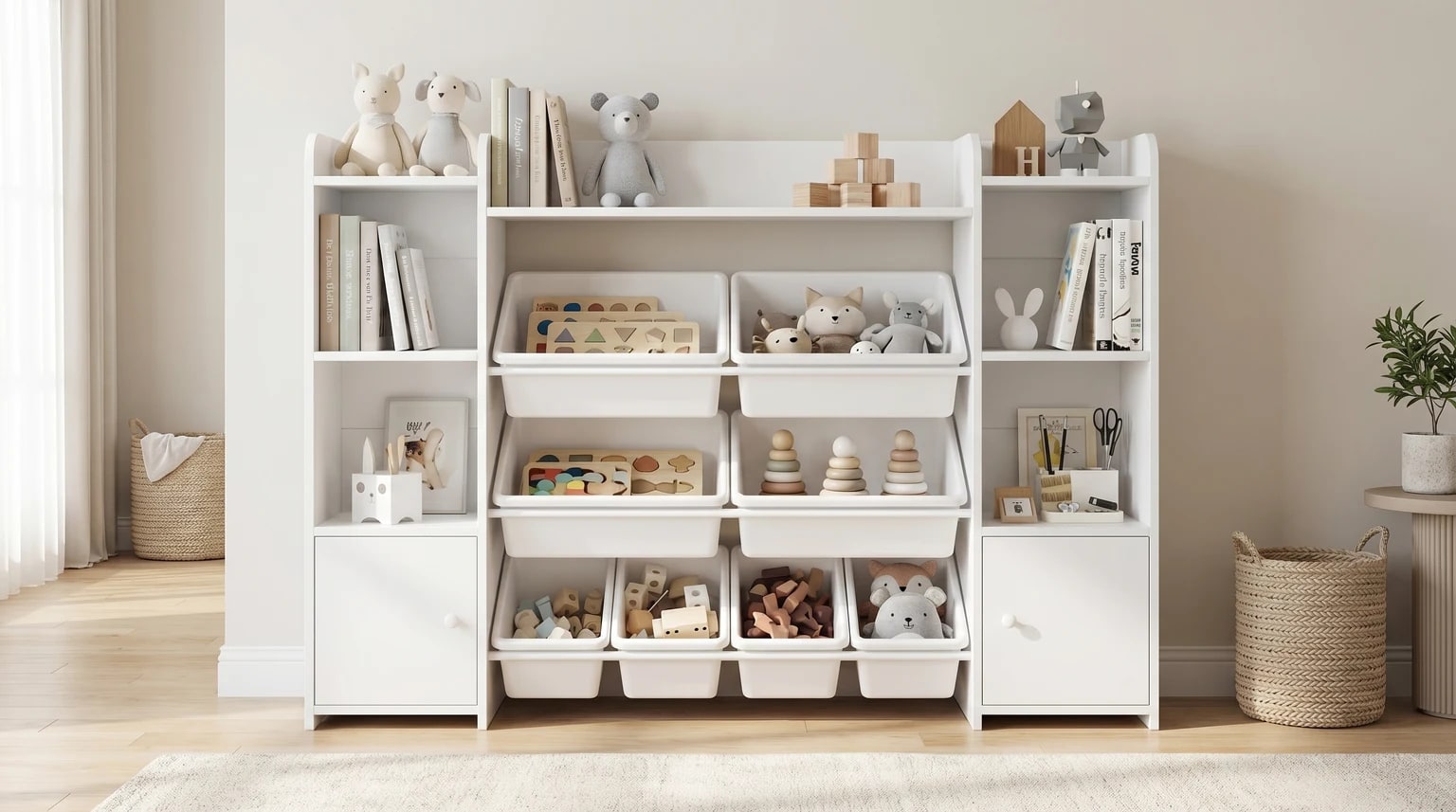 Organizador infantil branco tipo Montessori, com oito caixas inclinadas, prateleiras laterais e brinquedos arrumados num quarto de criança luminoso.