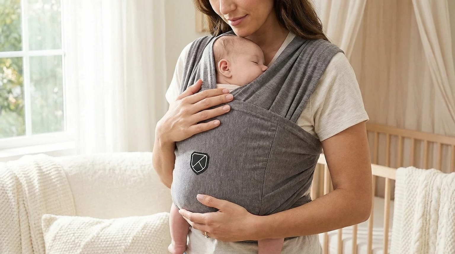 Mãe a usar um fular porta-bebés cinzento da Koala Babycare, segurando gentilmente o seu bebé adormecido junto ao peito, num quarto de bebé luminoso e tranquilo.