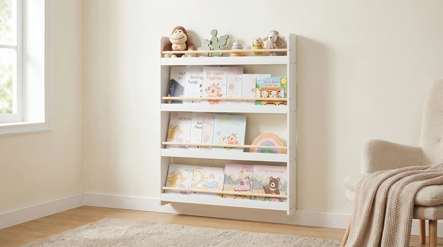 Estante de livros infantil branca, montada na parede de um quarto de criança bem iluminado, com livros e brinquedos de madeira. Uma criança está sentada num tapete macio a ler.