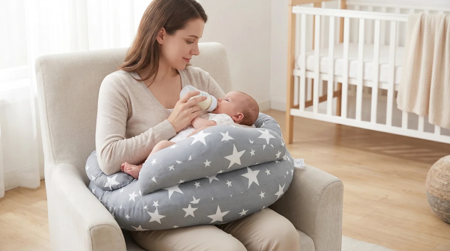 A mother sits in an armchair and bottle-feeds her newborn, who is resting comfortably on a grey nursing pillow with a white star pattern.