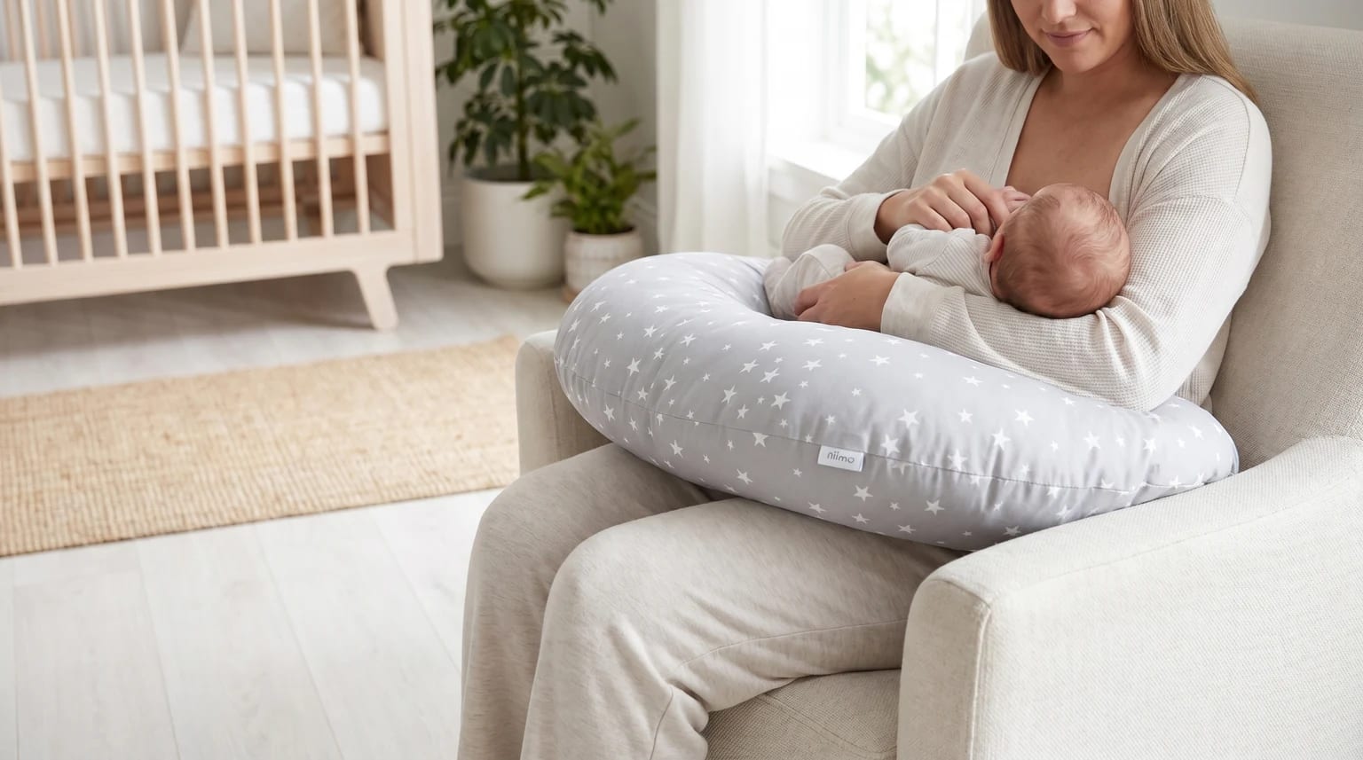 A mother sits in an armchair breastfeeding her newborn, who is resting on a grey nursing pillow with a white star pattern.