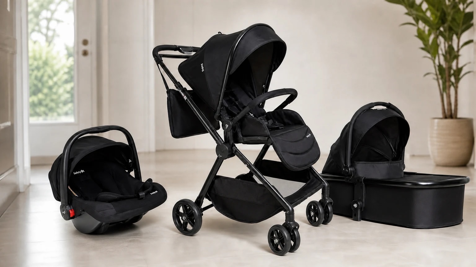 Carrinho Safety 1st Magnific preto com bebê-conforto e moisés separados ao lado, apoiados no piso de uma sala clara.