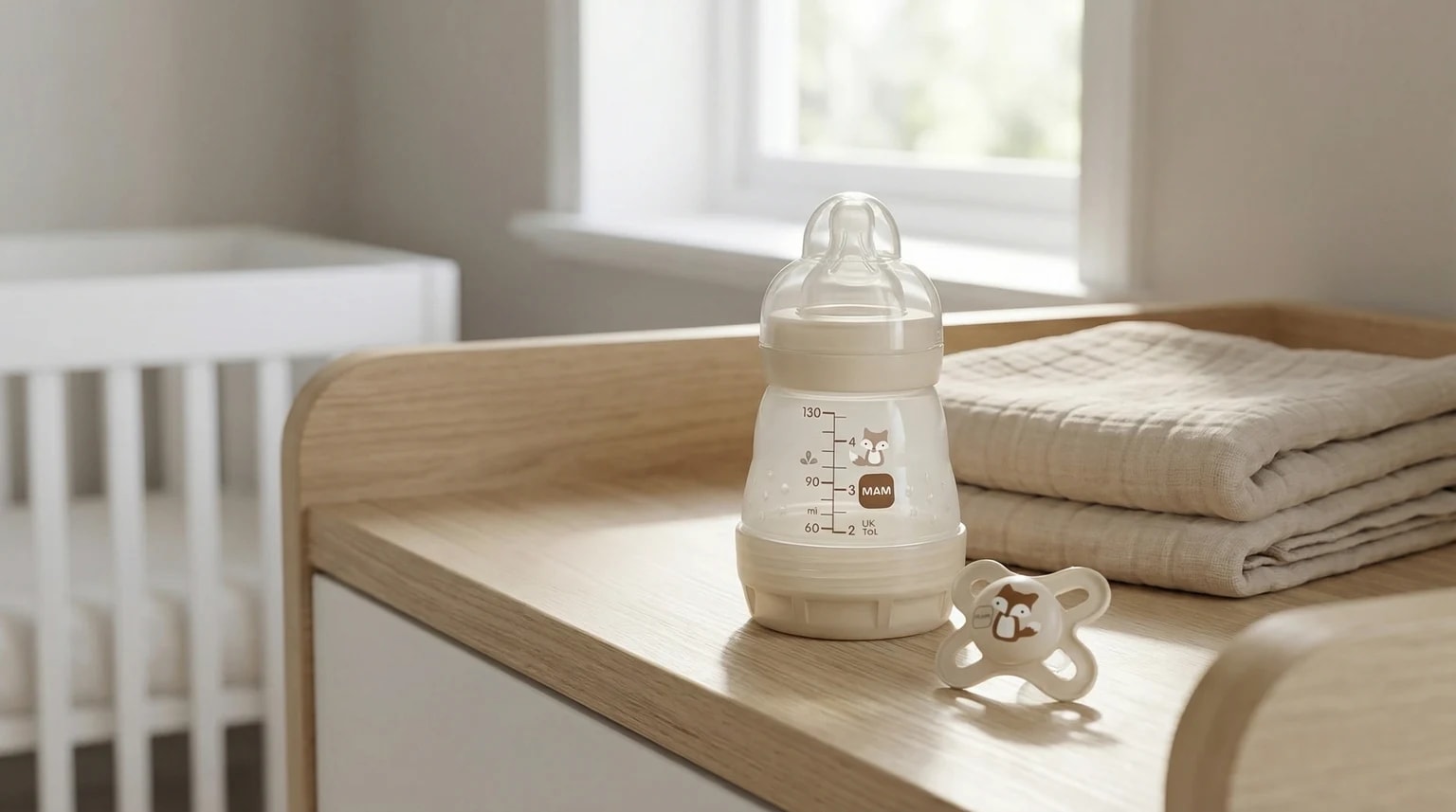 Biberão e chupeta MAM Easy Start Anti-Colic bege, com uma ilustração de raposa, pousados numa mesa de madeira clara num quarto de bebé calmo e luminoso.