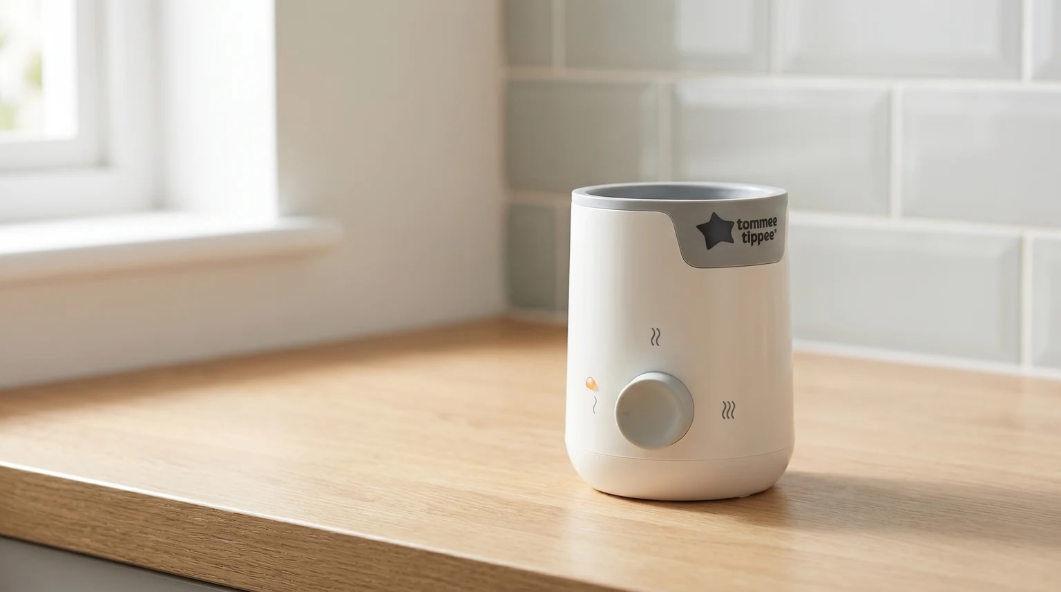 A white Tommee Tippee bottle warmer sitting on a light wood kitchen worktop, in front of a tiled wall.