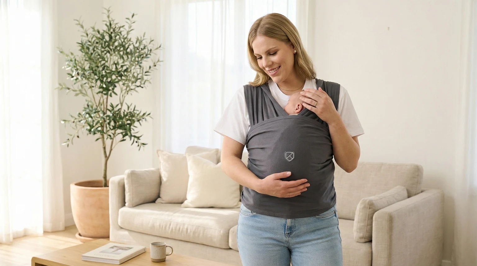 Mãe sorridente a usar um porta-bebés Koala Cuddle Band cinzento escuro, embalando suavemente o seu bebé, numa sala de estar com decoração moderna e cheia de luz natural.