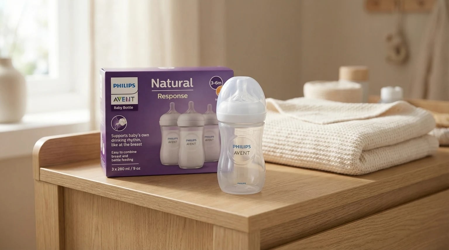 Biberão Philips Avent Natural Response sobre uma superfície de madeira clara num quarto de bebé luminoso e sereno.