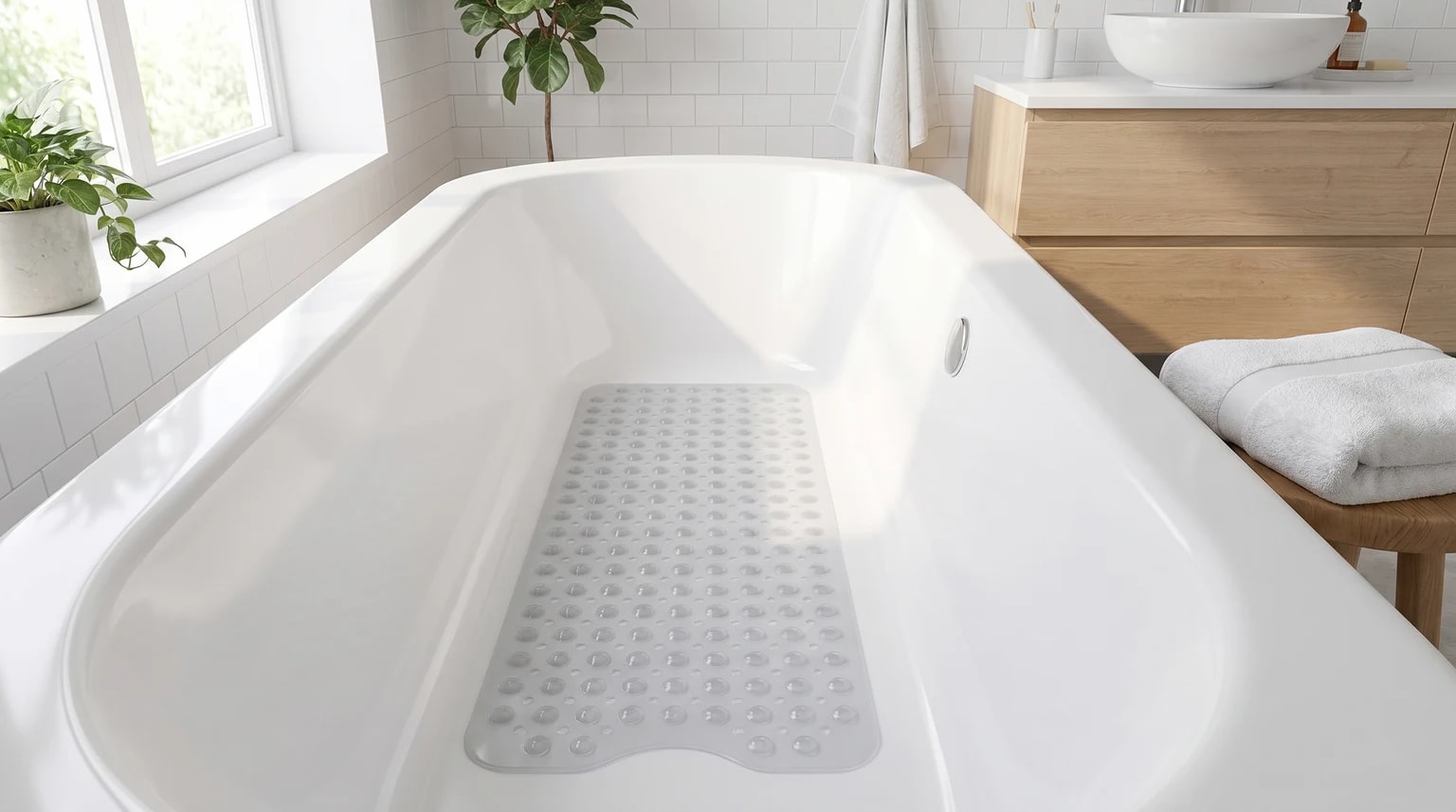 Tapete de banho antiderrapante translúcido no fundo de uma banheira branca, num ambiente de casa de banho moderno e luminoso.
