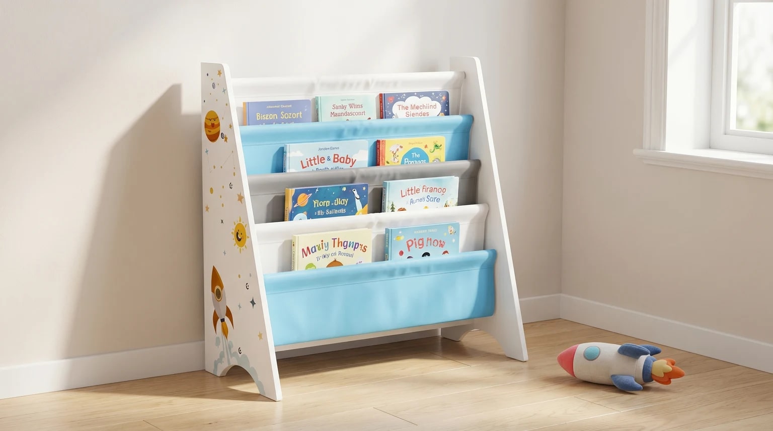 Estante infantil branca com tema espacial, cheia de livros, num canto luminoso de um quarto de criança.