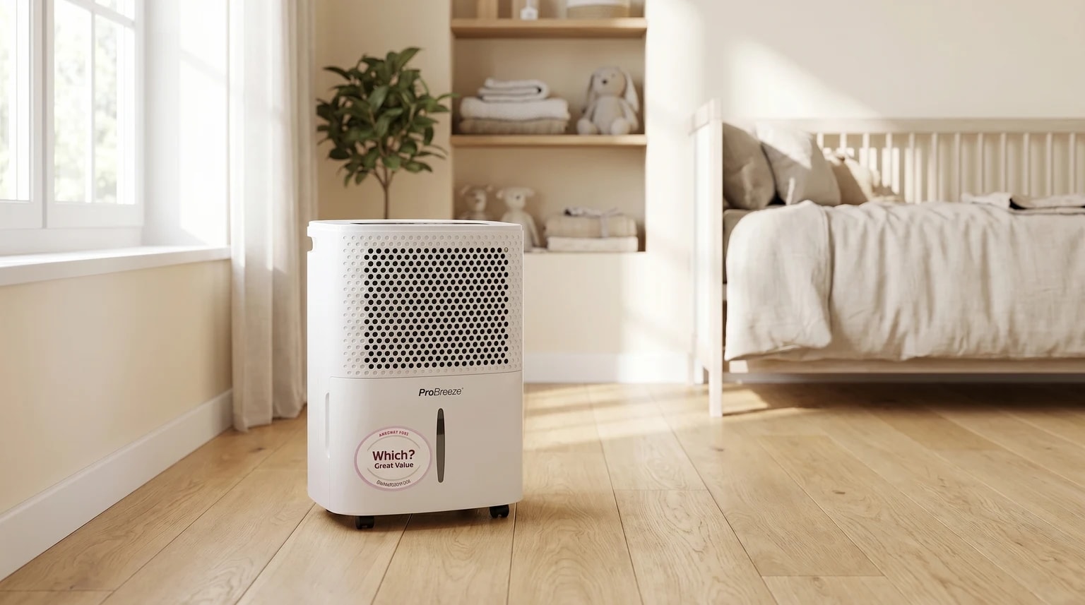 A white Pro Breeze dehumidifier on a wooden nursery floor, with a cot and shelves softly blurred in the background.