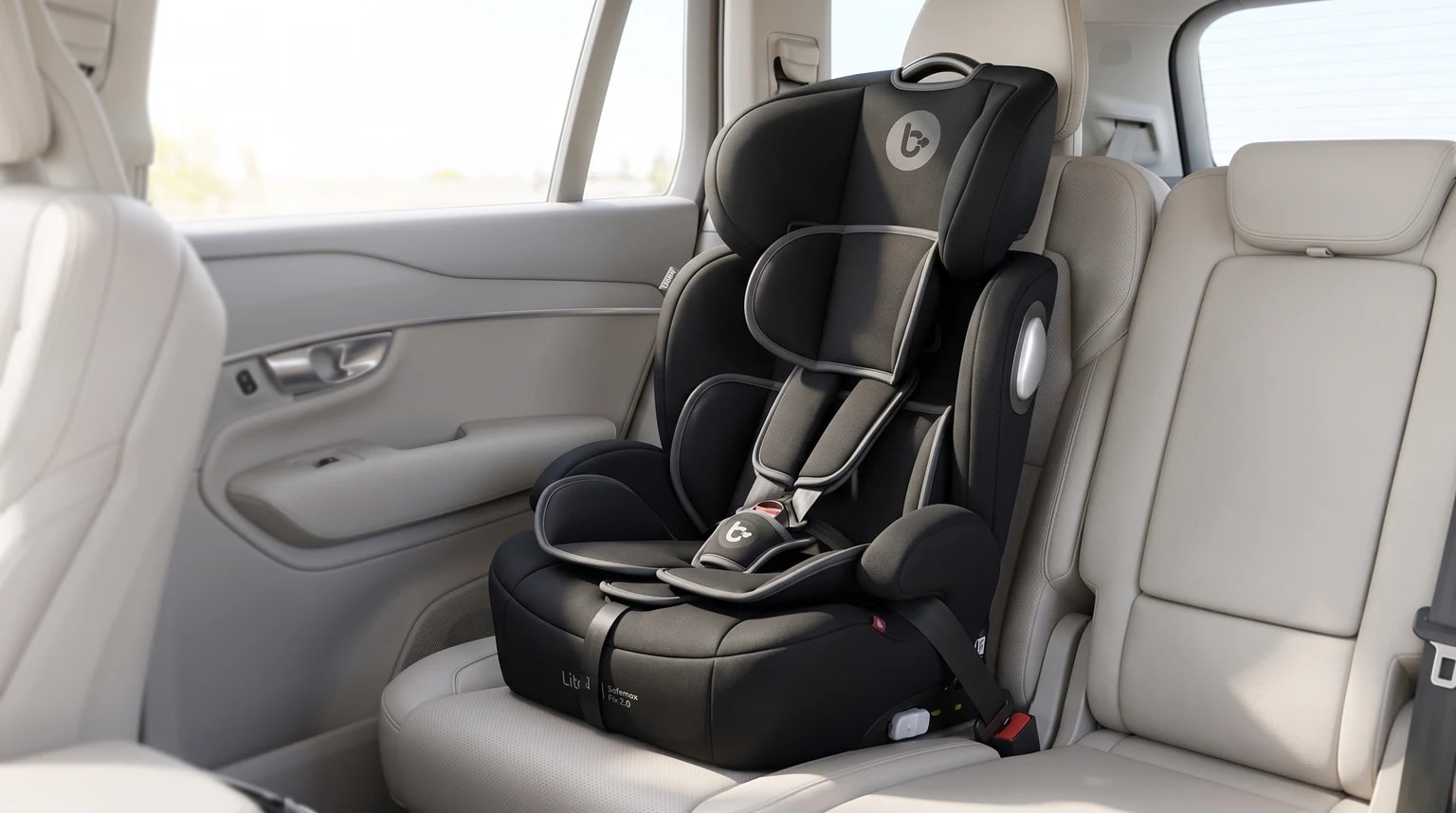 Cadeirinha Litet Safemax Fix 2.0 preta, instalada no banco traseiro de um carro com estofado bege.
